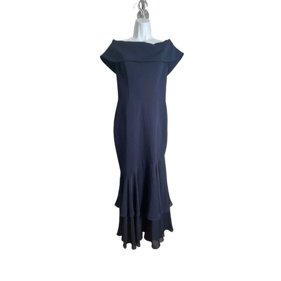 AQUA FORMAL Womens Navy Zippered Sheer Layered Off Shoulder Mermaid Size 10 - Picture 2 of 11